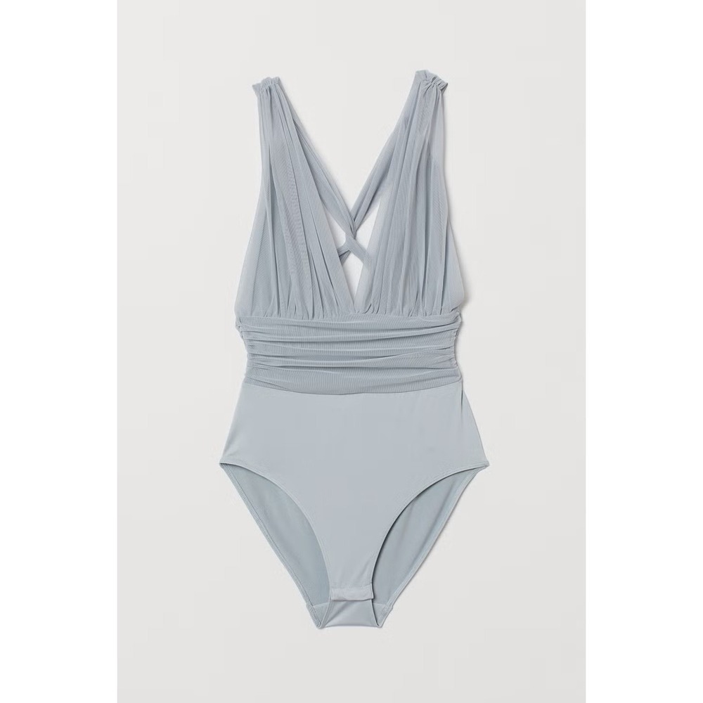 H&M Mesh Plunge One Piece Swimsuit Bodysuit Blue XS US 2 NWT